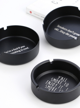 English Black Metal Ashtray圆形黑色金属不锈钢烟灰缸英文设计