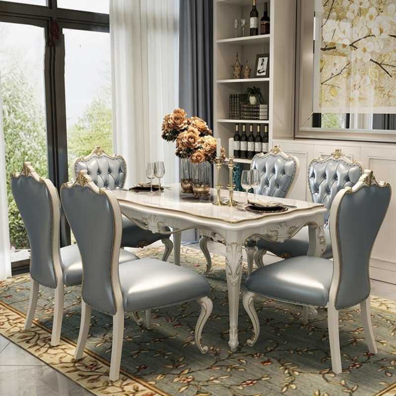 欧式家用实木印花雕花长方形餐桌椅大理石面餐台别墅奢华描金美式
