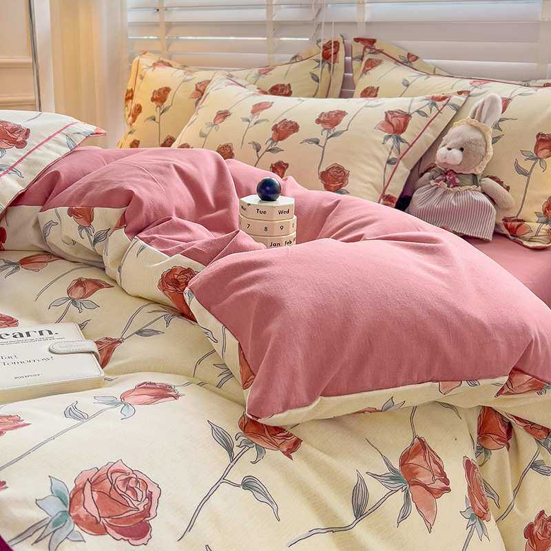 四件套全棉磨毛加厚喷气纯棉小清新美拉德床品套件单人三件套