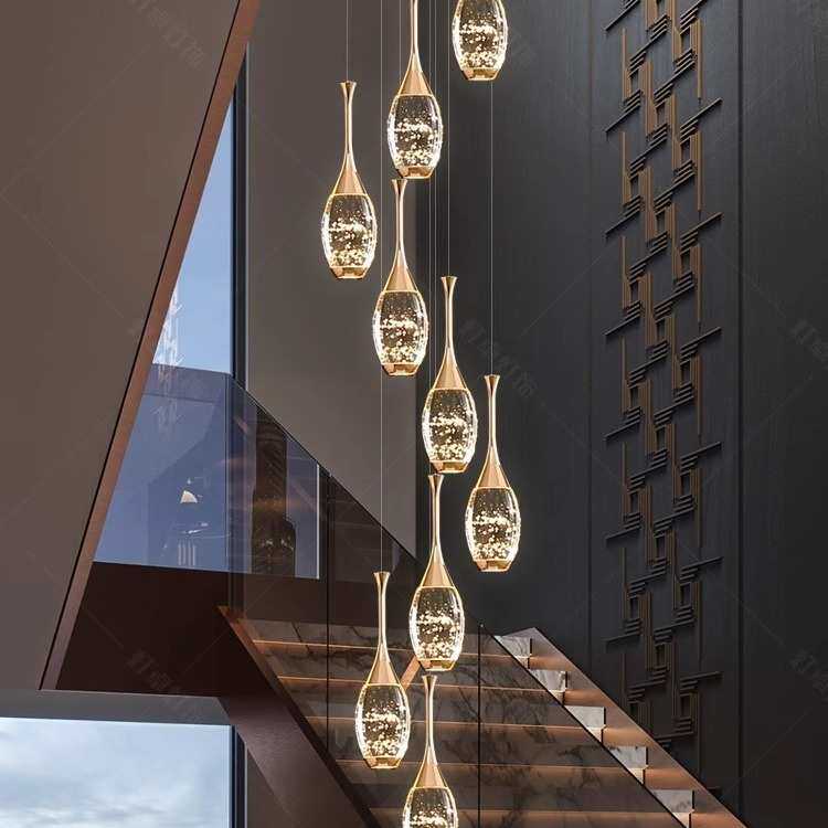 客厅灯loft公寓轻奢别墅复式楼旋转楼梯吊灯LED气泡水晶花瓶吊灯