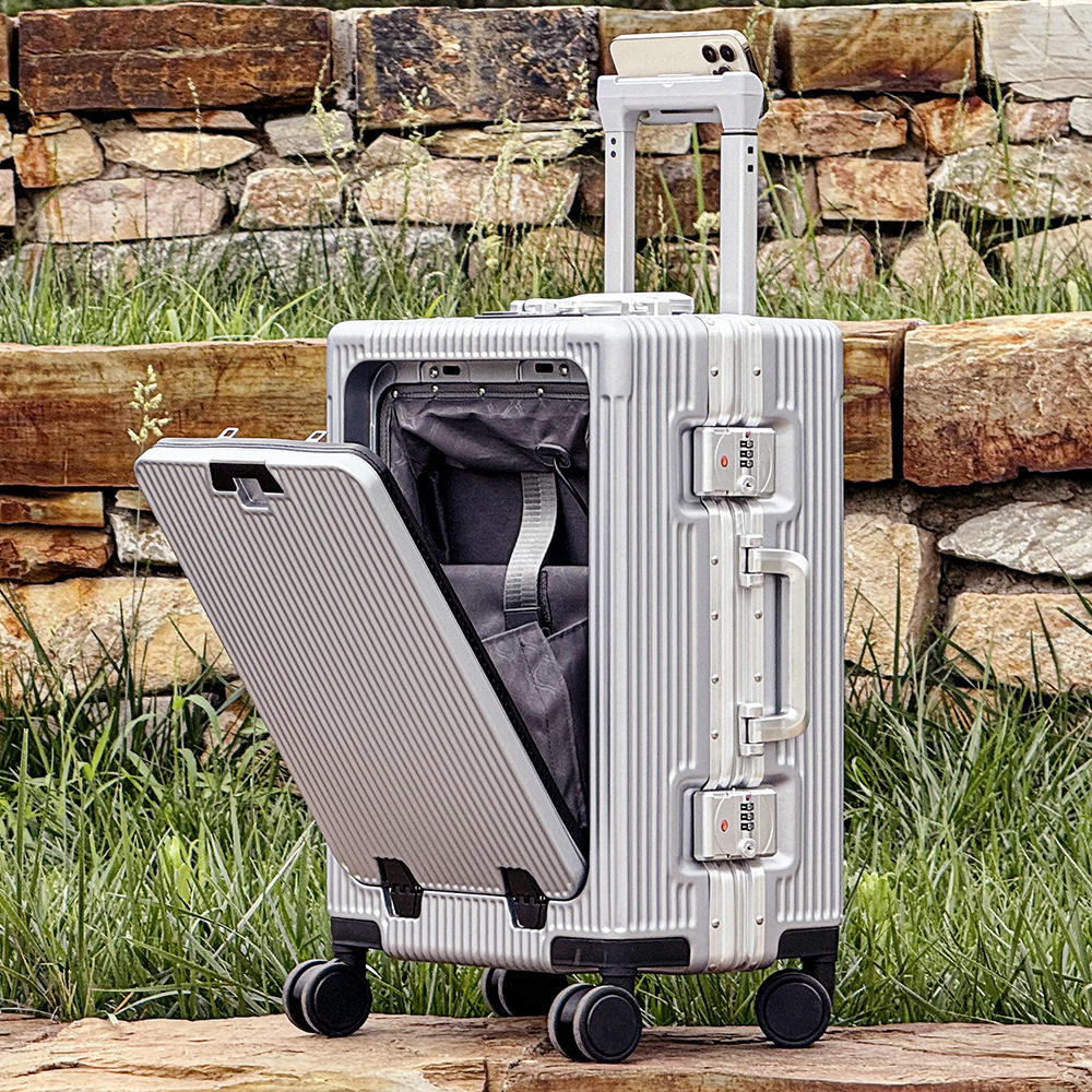 浅灰色22寸侧扣前开盖手机支架杯架拉杆铝框前开口大容量26行李箱