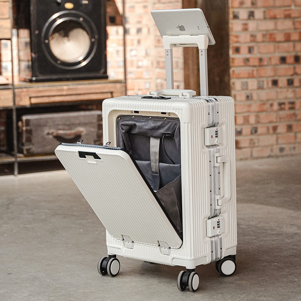 学生24寸前开盖手机支架杯架可充电拉杆铝框前开口万向轮26行李箱