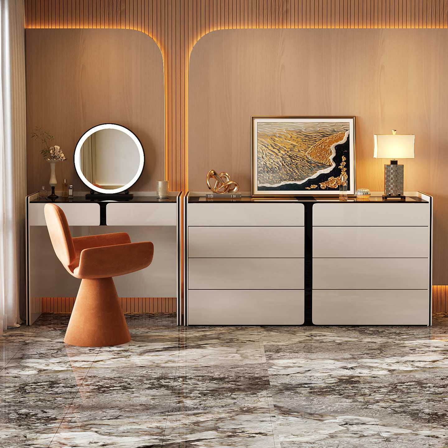 意式轻奢八斗柜梳妆台斗柜一体卧室组合化妆桌床现代尾收纳首饰柜