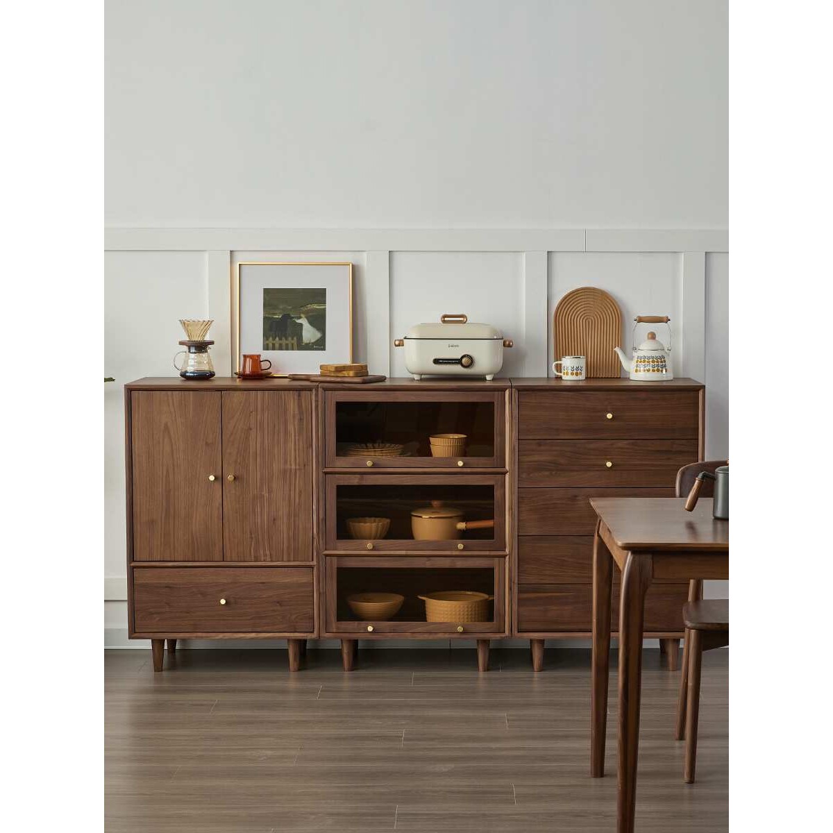 黑胡桃木实木五斗柜收纳柜日式客厅樱桃木玻璃翻门柜餐边柜组合