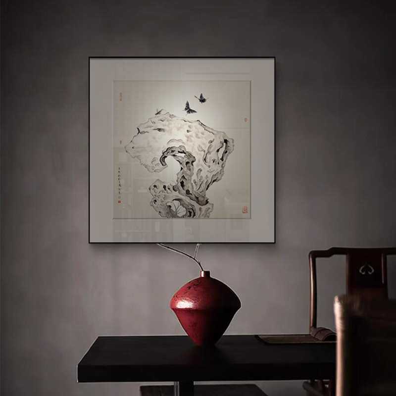 新中式正方形玄关客厅装饰画酒店餐厅茶室挂画太湖石竹子禅意壁画