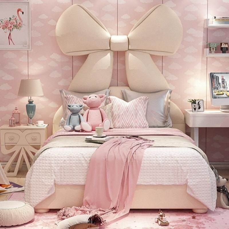 女生皮艺床儿童床女孩卧室韩式少女心蝴蝶结粉白色创意软床公主床