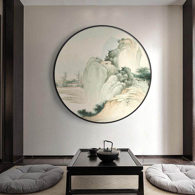 新中式茶室圆形装饰画客厅玄关山水画水墨国画禅意挂画中国风壁画
