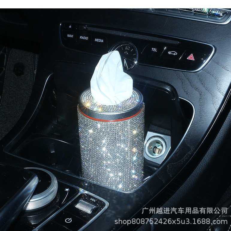 镶钻汽车纸巾筒跨境轻奢车载圆形纸巾盒满钻汽车内饰抽纸筒通用