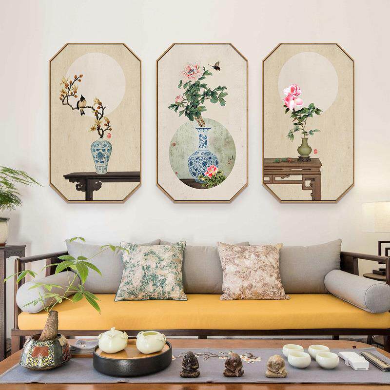 禅意新中式八边形装饰画餐厅茶室挂画古典花瓶茶壶荷花中国风