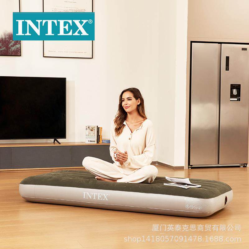 intex64106绿色单人植绒线拉空气床略小充气床加厚野营床