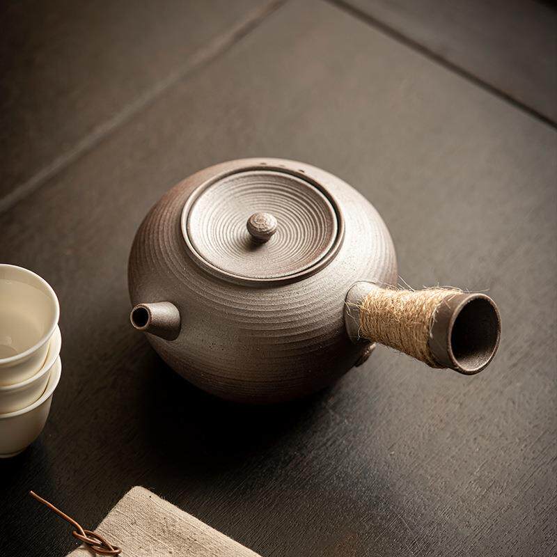 粗陶侧把壶老岩泥茶壶带过滤复古陶壶围炉煮茶壶家用陶瓷泡茶壶