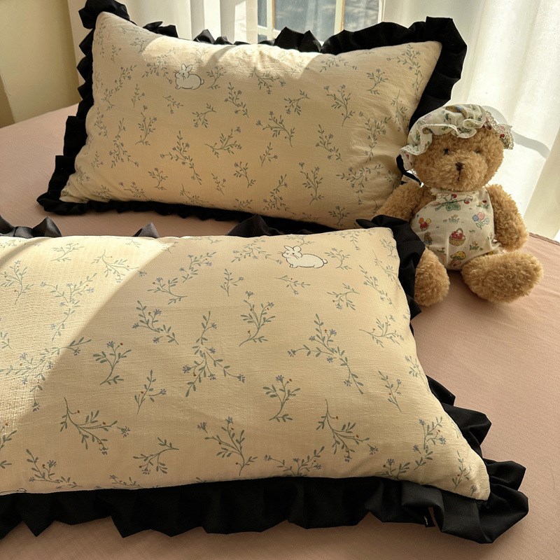 2025新款黑花边双层纱水洗针织棉韩版公主风四件套被套法式床单款