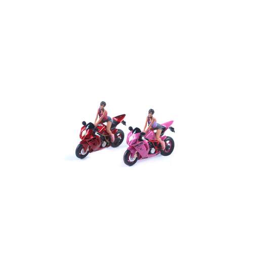 -汇艺MoreArt1:64 KTM1190亮红粉紫靓女摩托车人偶树脂模型
