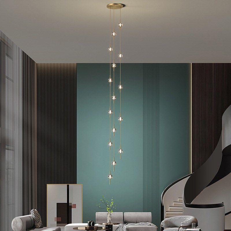 意式全铜极简窄楼梯吊灯挑高公寓复式楼三跑双折旋转楼梯中空吊灯