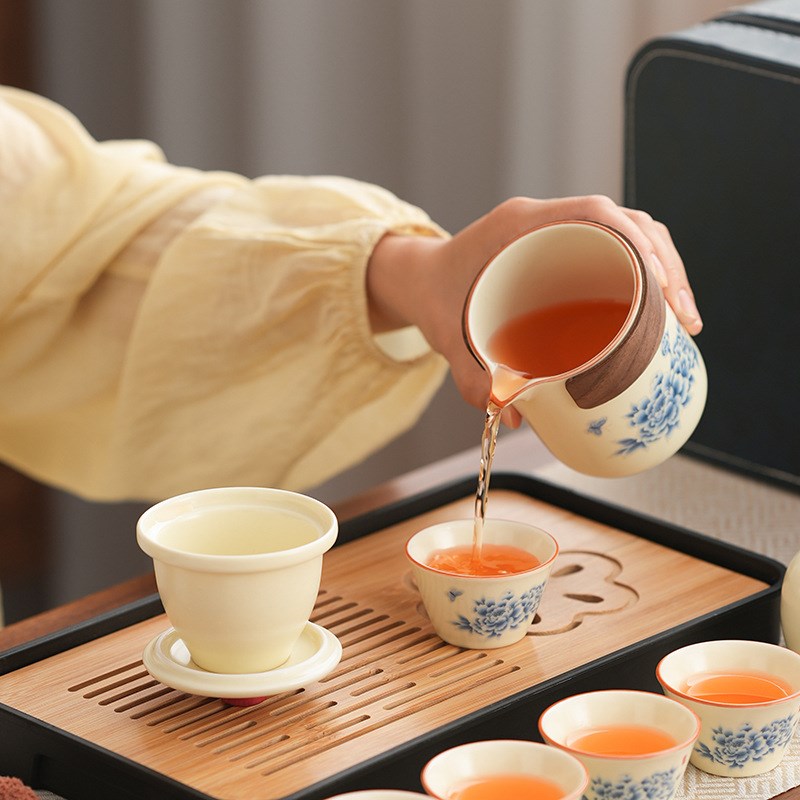 汝窑蓝天香牡丹古韵壶茶具5件套/套装便携式户外泡茶壶泡茶纪念品