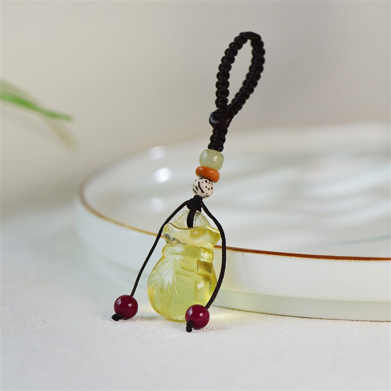 天然黄水晶钱袋钥匙扣葫芦吊坠手机挂钥匙挂中国风复古饰品