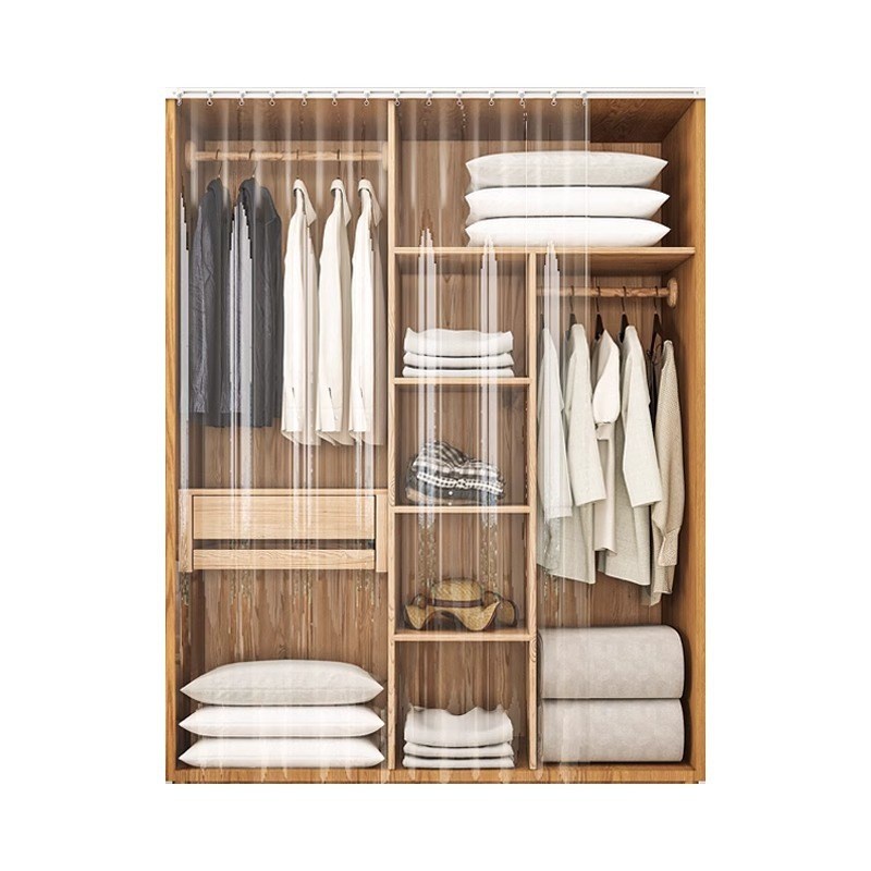 透明书柜防灰尘遮挡帘防水衣柜帘免打孔滑轨式开放柜子橱柜帘