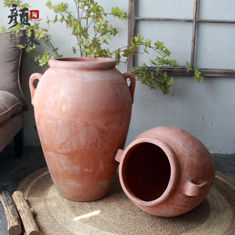 美版大陶罐落地大陶器景观花盆粗陶大高盆红陶大罐庭院大号陶罐子