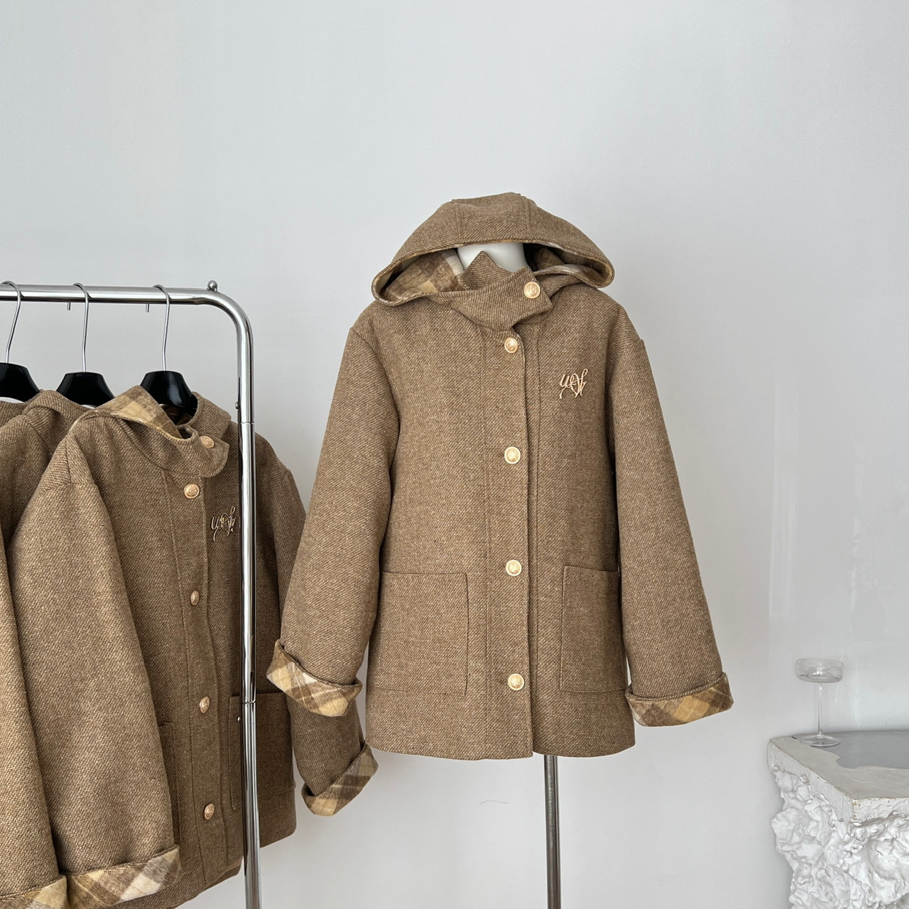 10.7新品WESTAYONE格纹拼接夹棉大衣女款2025新款外套+针织加绒裤