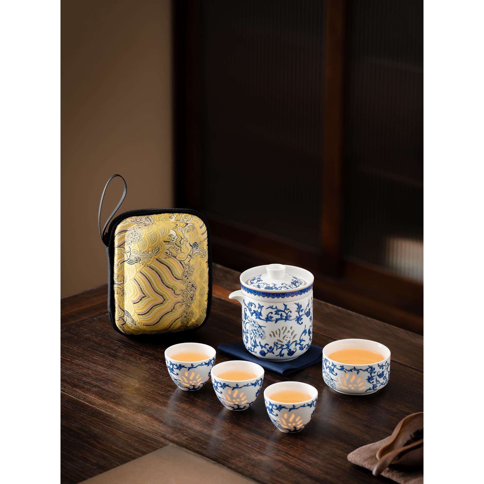 青花玲珑瓷旅行茶具套装家用茶壶茶水分离便捷式户外收纳送礼茶