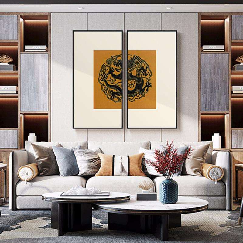 龙凤吉祥新中式传统图案玄关柜装饰画图腾挂画双联样板间壁画