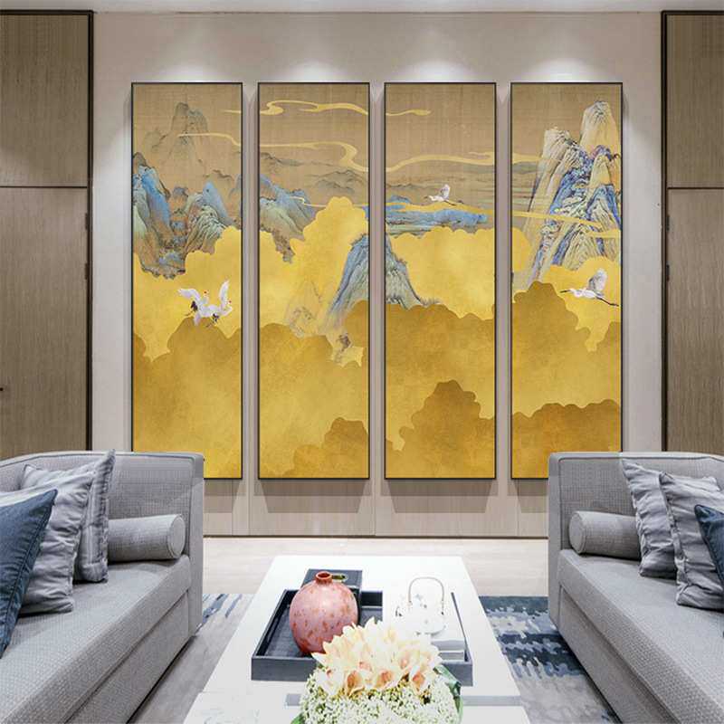 中式竖版装饰画抽象黄色意境风景画酒店大堂四联画茶室瑞鹤图挂画