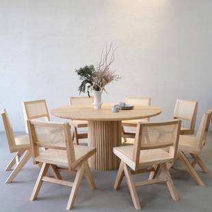 原木风实木餐桌白蜡木圆形饭桌原木小户型家用大圆桌中古时尚桌子