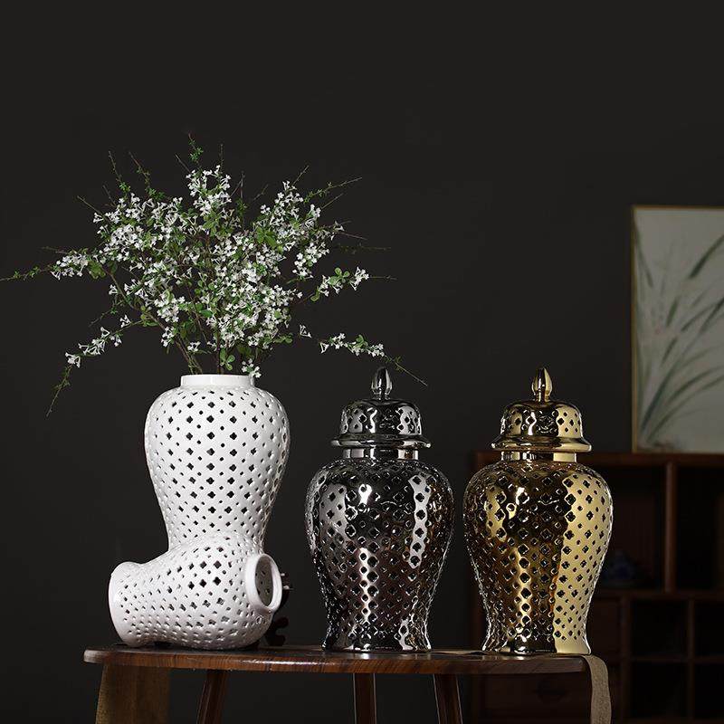 现代简约金色镂空陶瓷将军罐样板房客厅电视柜装饰玄关家居瓷摆件,节庆用品/礼品,新娘配件,淘宝优惠券,粉丝福利购,淘宝优惠卷
