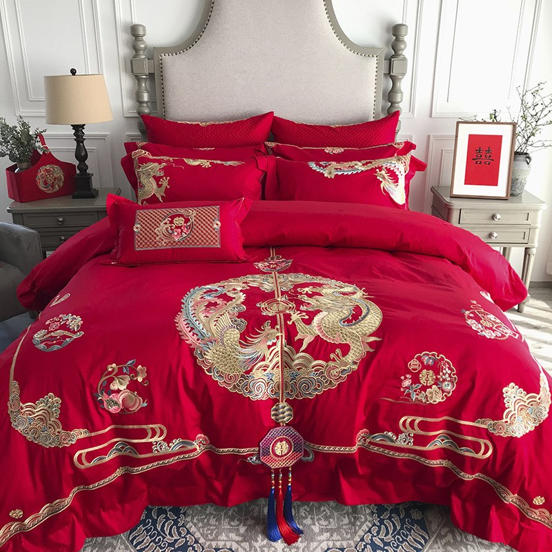 九喜狐家纺婚庆套件床上用品四件套红色喜被龙凤刺绣备婚恭贺新禧