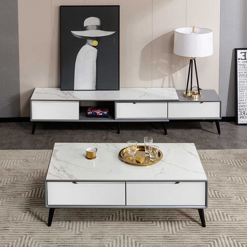 全实木亮光岩板茶几电视柜组合简约现代灰色1米2小户型客厅家用桌