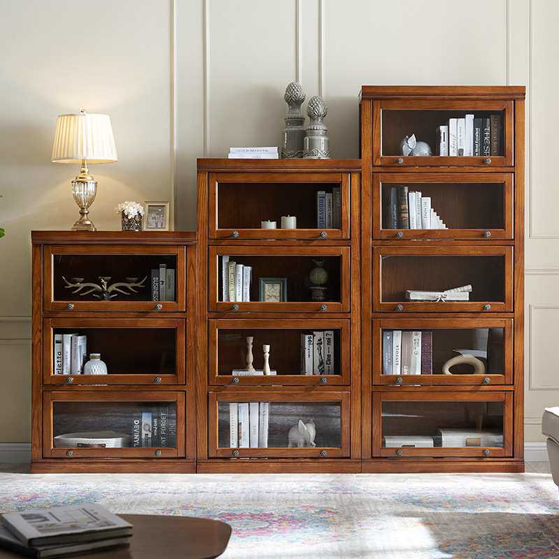 美式实木书柜自由组合简约三四五门储物柜欧式书橱带玻璃门书架子