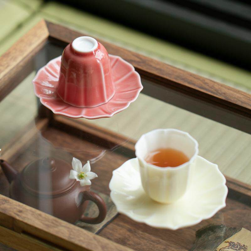 缤纷花瓣茶具德化白瓷单个带壶承色釉月光白桃花主人杯品茗杯家用