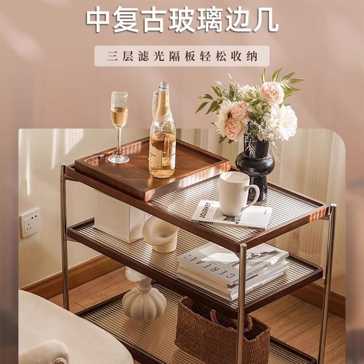 中古风实木三层推车可移动滑轮茶几边几家用客厅沙发侧柜玻璃餐车