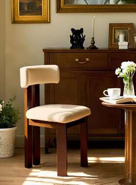 法式复古实木餐椅家用中古风靠背椅子设计师餐厅桌椅卧室化妆椅凳