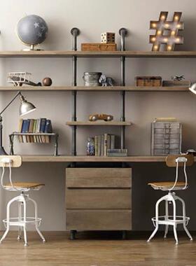 工业风铁艺水管电脑桌书架创意墙上置物书桌一体简约靠墙实木书架