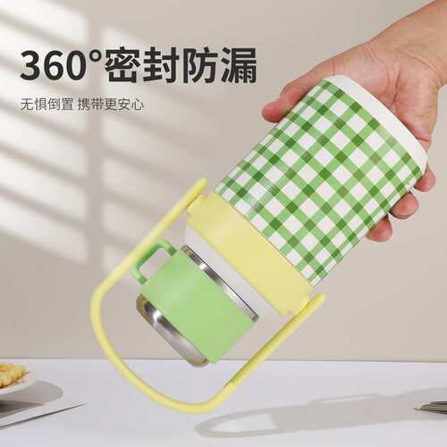 大容量保温杯女生简约抗菌不锈钢800ml年度超火高颜值格纹杯