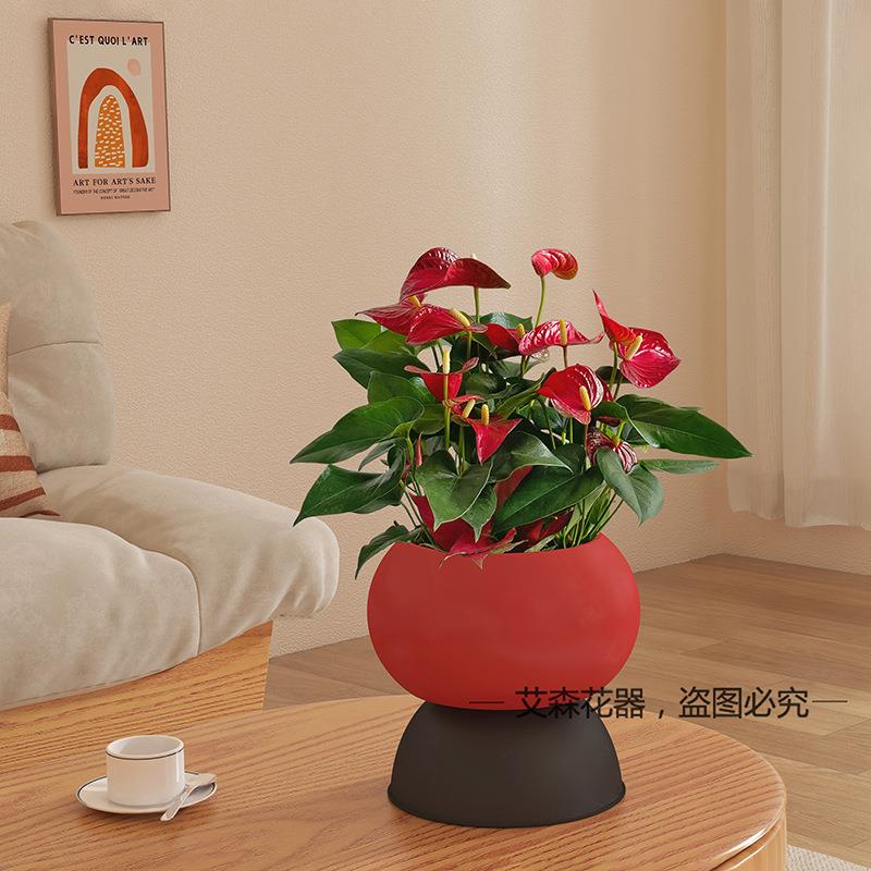 财源滚滚蝴蝶兰盆铁艺花盆花器金属冬青银柳盆器仿真花新中式摆件