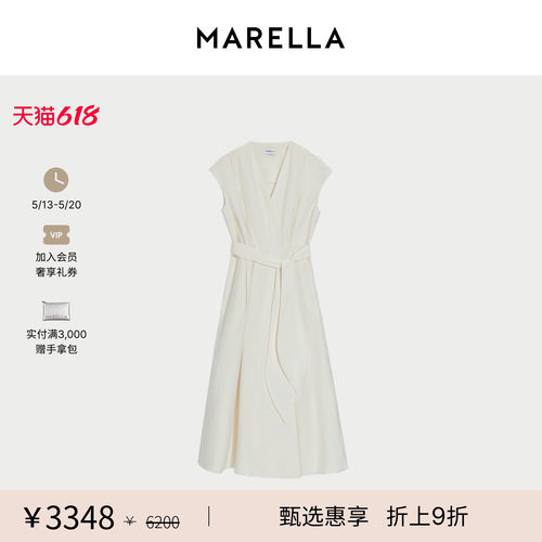 MARELLA春夏女装V领系带A字版型无袖连衣裙长裙3221175202