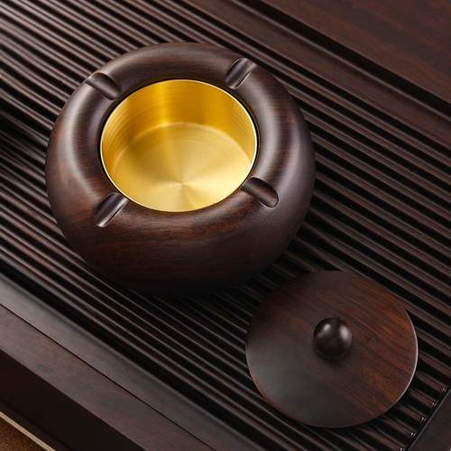 烟灰缸创意个性潮流客厅家用黑檀实木带盖金属铜制防飞灰中式烟缸