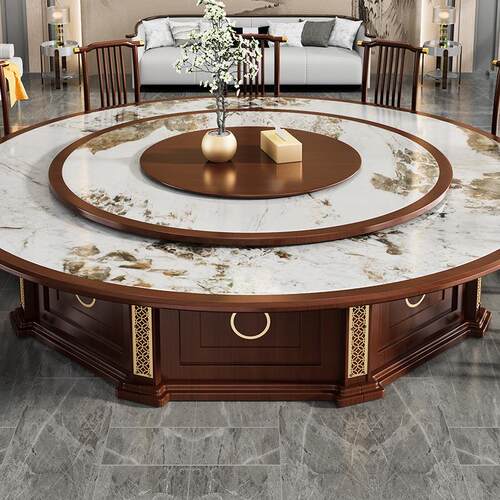 新中式酒店餐桌电动大圆桌包厢15人20人实木饭店餐厅商用饭桌岩板
