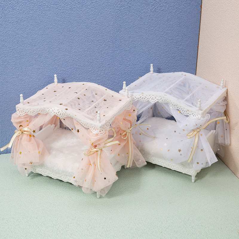 1:12娃娃屋配件dollhouse木质迷你家居卧室梦幻星月网纱公主床