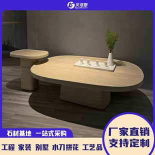 网红天然白色洞石茶几奶油风大理石客厅简约创意圆形实心餐桌