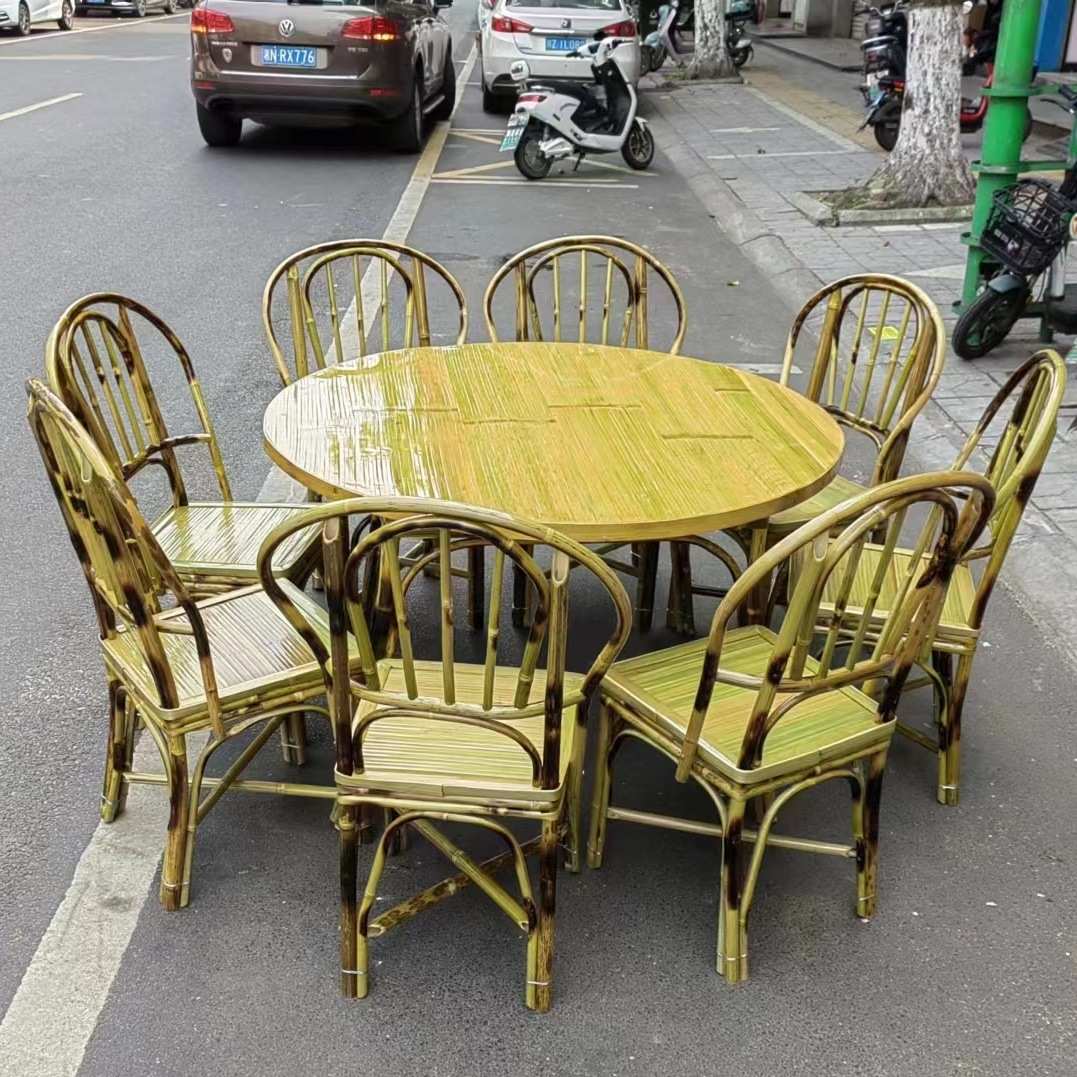 竹制复古餐桌农家乐大圆桌饭店火锅桌竹子桌椅家用竹桌椅休闲全套
