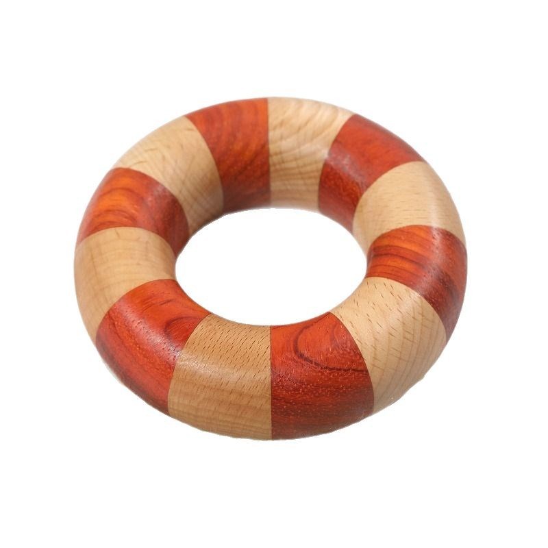 红花梨榉木拼接游泳圈摆件创意木雕可爱夏日游泳圈摆件