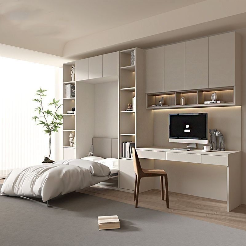 定制奶油原木书房多功能隐形床电竞房书桌书柜单人折叠床墨菲床