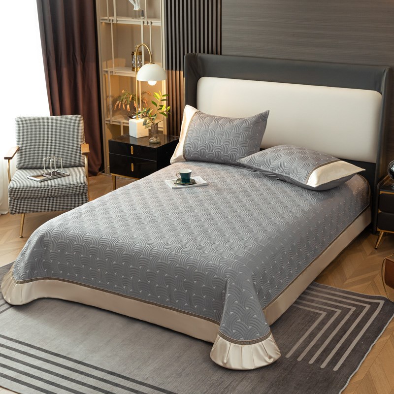 轻奢简约全棉夹棉刺绣绗缝床盖三件套纯色绗缝夹棉四季床单