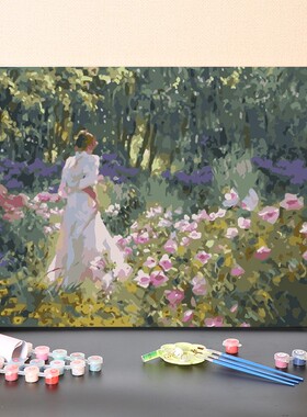 数字油画diy手工填充世界名画莫奈花园和女人手绘涂色丙烯油彩画