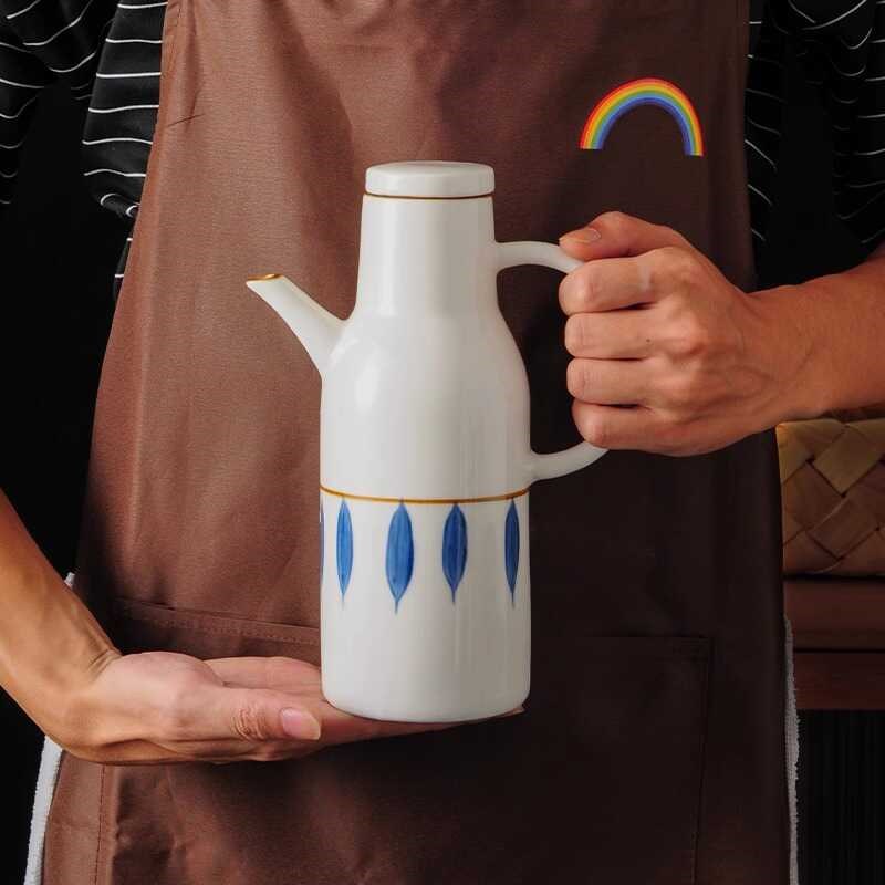 日式陶瓷油壶油罐 厨房家用酱油瓶醋壶调味瓶面馆带盖大容量油瓶