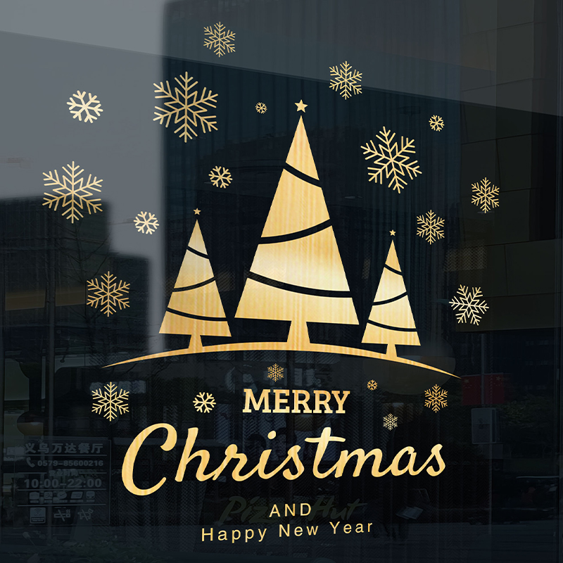 圣诞静电贴纸圣诞节玻璃贴金色装饰品窗贴场景布置圣诞树门贴氛围