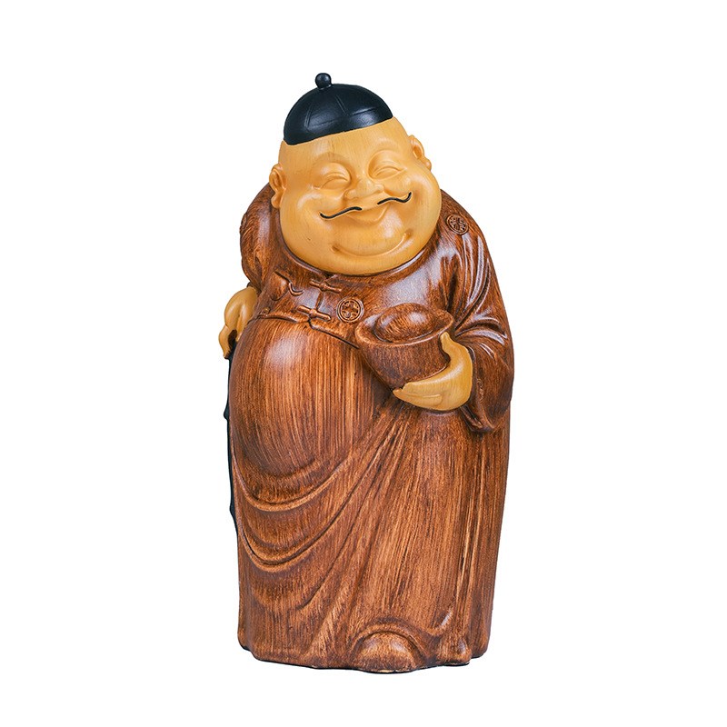 高端中式地主摆件客厅财神爷雕塑仿木雕茶几博古架装饰品桌面摆设